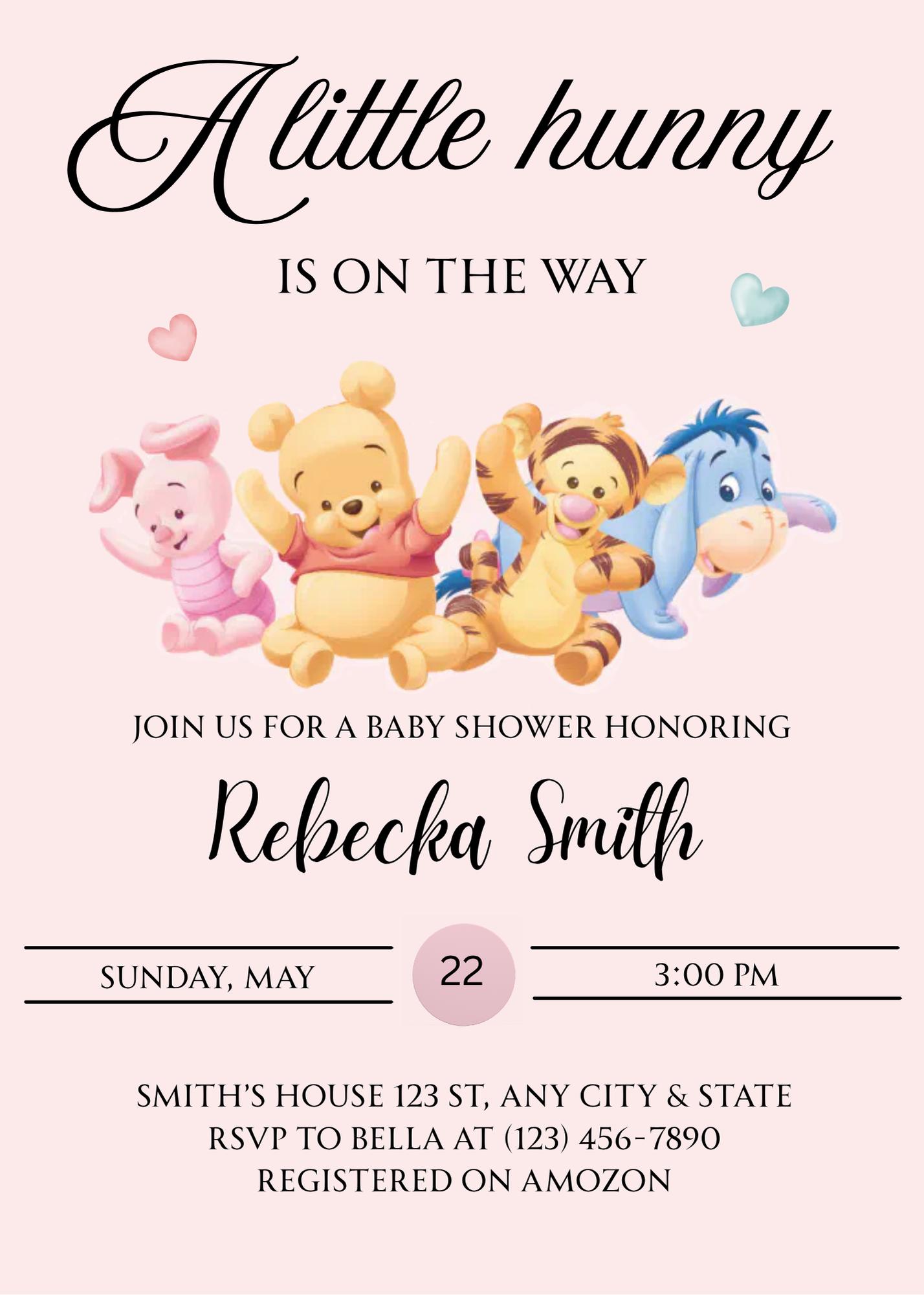 Winnie the Pooh Inspired Baby Shower Invitation | Pink Baby Girl Shower Invite 5in x 7in