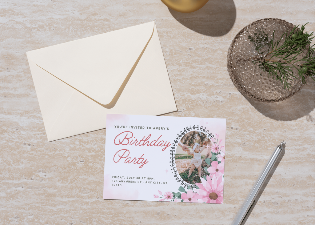 Editable Pink Floral Birthday Party Invitation | Canva Template (7in x 5in layout)