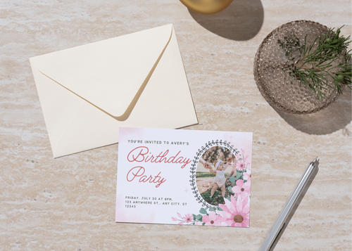 Editable Pink Floral Birthday Party Invitation | Canva Template (7in x 5in layout)