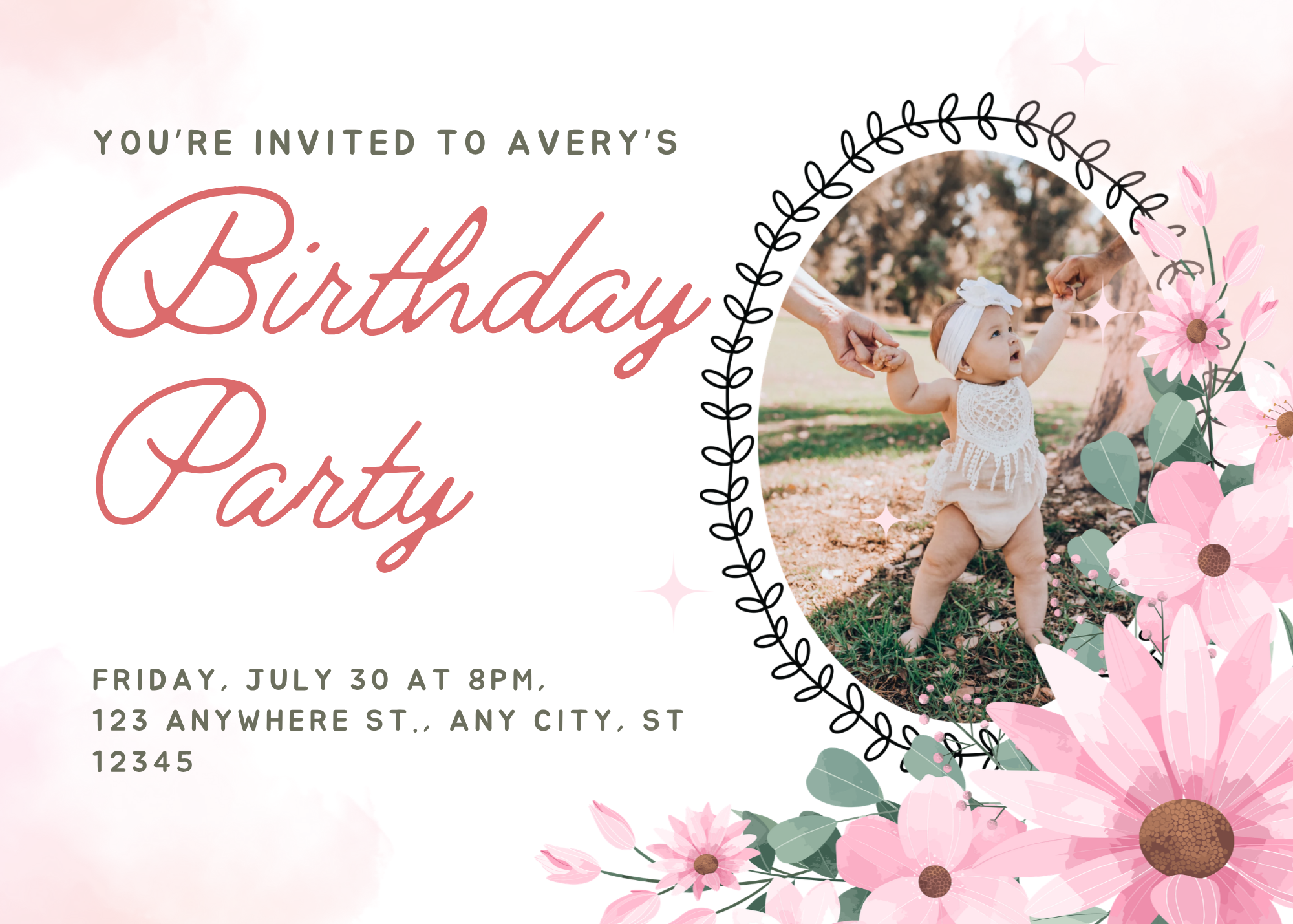 Editable Pink Floral Birthday Party Invitation | Canva Template (7in x 5in layout)